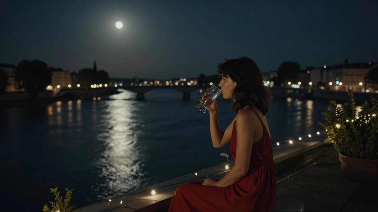 A woman in red on a rooftop terrace overlooking the Rhône River under a starry night sky.